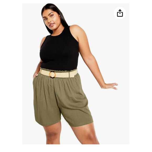 302 City Chic Plus Paperbag Waist Shorts with Belt – Olive Green - Picture 1 of 3